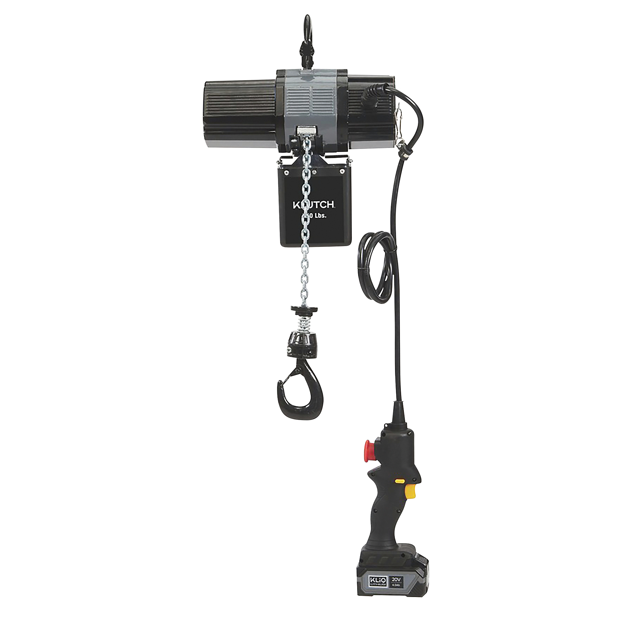 Klutch Chain Hoist Kit, KLiQ 20V, Battery-Powered, 500-Lb. Capacity, 9.85ft. Lift Height, Brushless, 4.0Ah